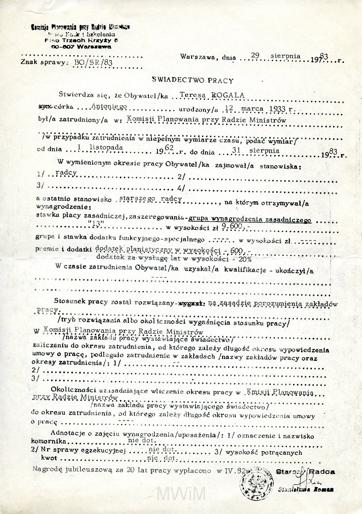 KKE 5827.jpg - Dok. Świadectwo pracy wystawionie przez Komisje Planowania przy Radzie Ministrów dla Teresy Rogala, Warszawa, 29 VIII 1983 r.